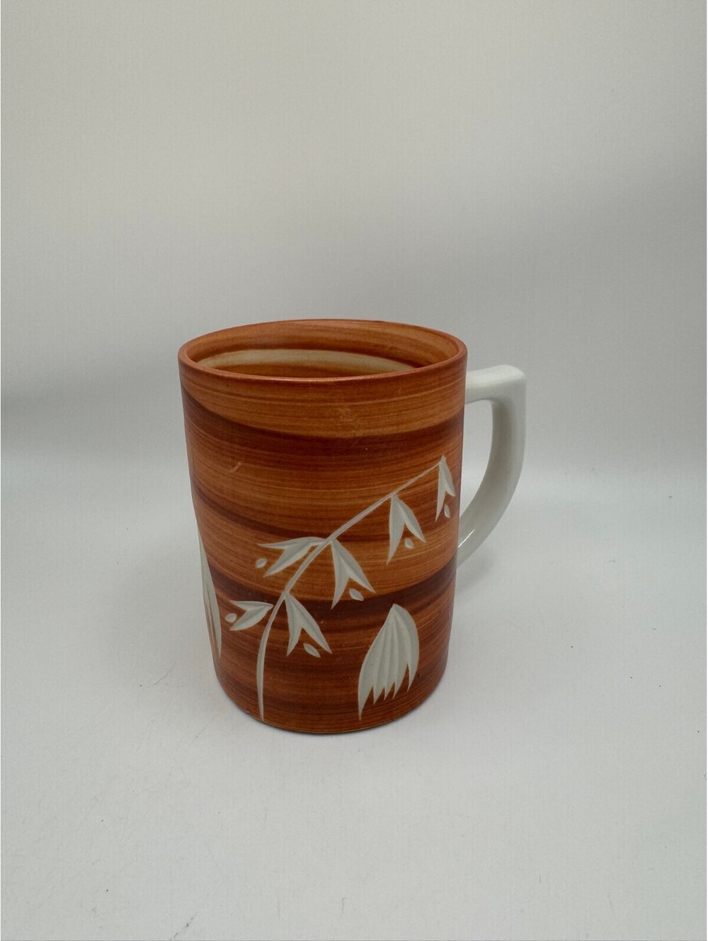 Vintage Japanese Stoneware Faux Wood Grain Bamboo Coffee Mug Brown White Japan